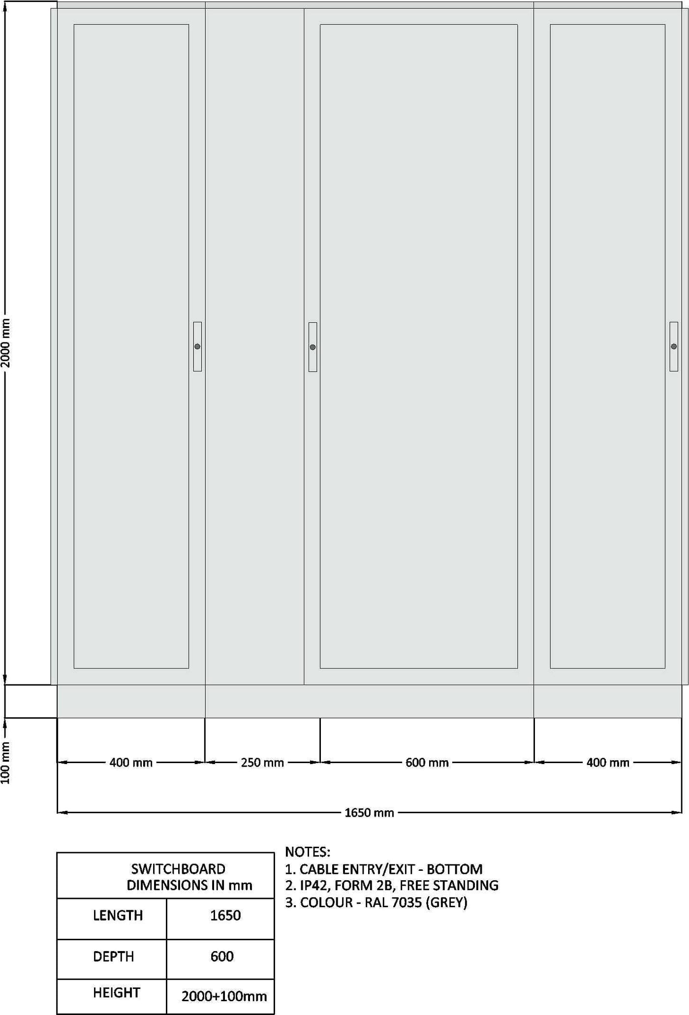 NPE general-arrangement drawing: switchboard door and external view with overall dimensions and build notes